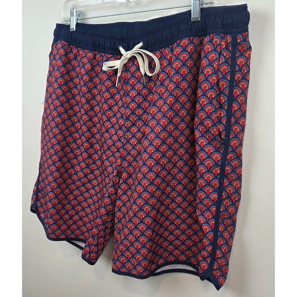Fair Harbor Men Swim Trunks Red Blue Geometric Print Board Shorts Lined Size XXL